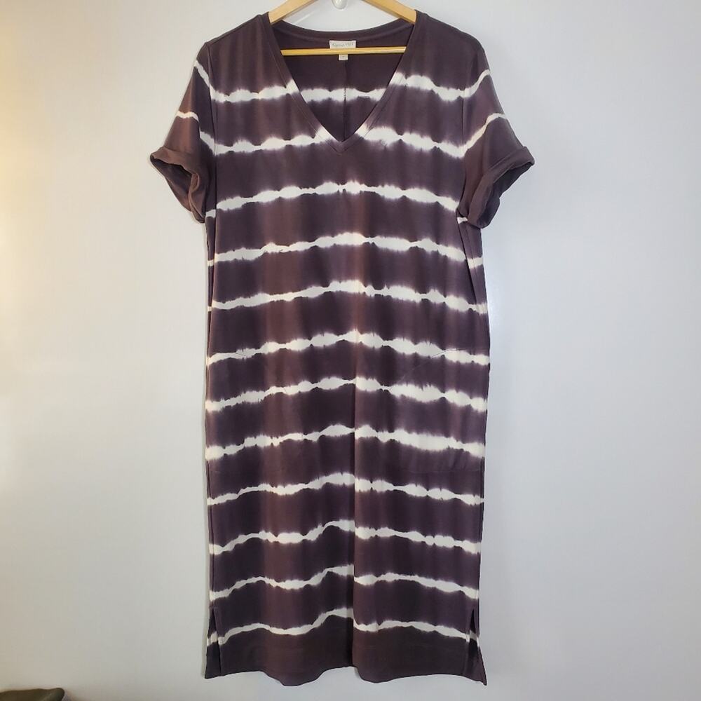 Garnet Hill Grey & White stretchy Knit tshirt short sleeve casual dress Size Med